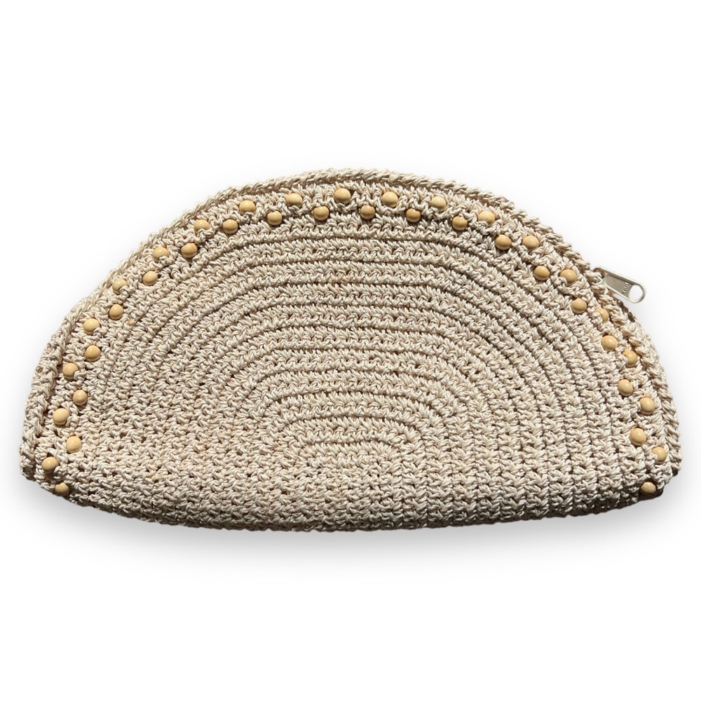 Vintage Raffia Straw Half Moon Clutch Boho Beaded Zip Closure